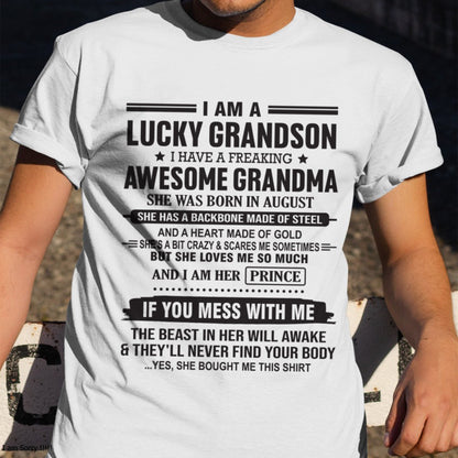 I Am A Lucky Grandson T-Shirt – Birthday Gift From August Grandma / Woman - KATE08 (SKU11-29-08)