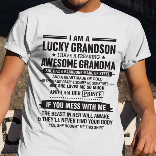 I Am A Lucky Grandson T-Shirt – Birthday Gift From Grandma / Woman - KATE00 (SKU11-29-00)