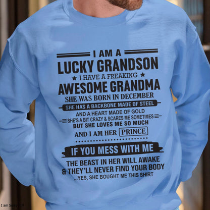 I Am A Lucky Grandson T-Shirt – Birthday Gift From December Grandma / Woman - KATE12 (SKU11-29-12)