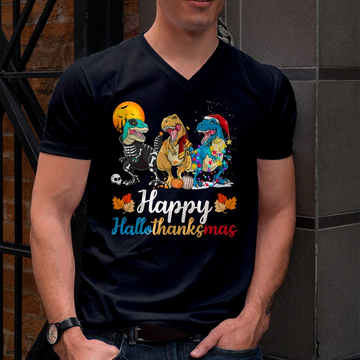 Halloween Thanksgiving Christmas Happy HalloThanksMas T rex T-Shirt - Christmas Unisex T-Shirt/Hoodie/Sweatshirt - HNDS00