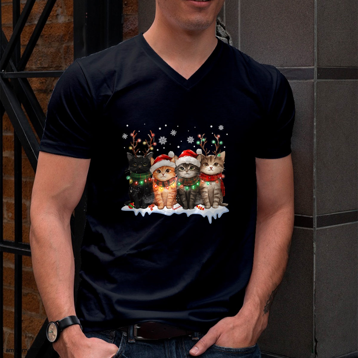 Cat Christmas Light Reindeer Santa Christmas Cat Lover T-Shirt - Christmas Unisex T-Shirt/Hoodie/Sweatshirt - HNDS00