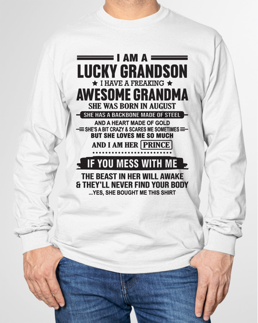 I Am A Lucky Grandson T-Shirt – Birthday Gift From August Grandma / Woman - KATE08 (SKU11-29-08)