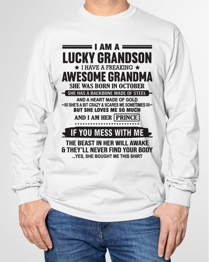 I Am A Lucky Grandson T-Shirt – Birthday Gift From October Grandma / Woman - KATE10 (SKU11-29-10)