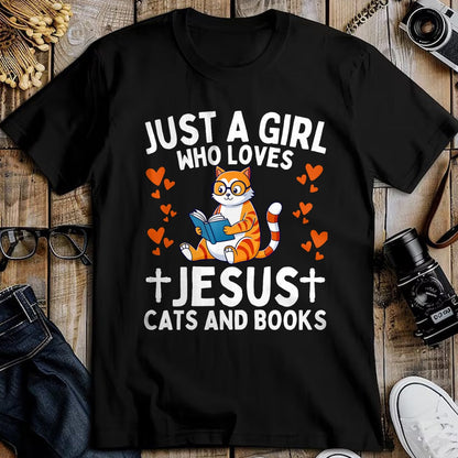 Cat Love Shirt, Funny Cat Lover Gift UnisexT-Shirt/Hoodie/Sweatshirt HLT00 - Just A Girl Who Loves Jesus Cats and Books Christian T-Shirt (1)