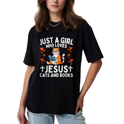 Cat Love Shirt, Funny Cat Lover Gift UnisexT-Shirt/Hoodie/Sweatshirt HLT00 - Just A Girl Who Loves Jesus Cats and Books Christian T-Shirt (1)