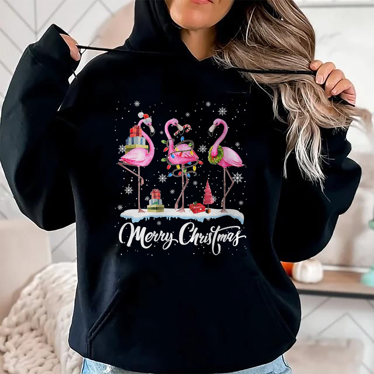 Merry Christmas Hat Santa Flamingo Light Christmas HNDS T-Shirt - Christmas Unisex T-Shirt/Hoodie/Sweatshirt - HNDS00