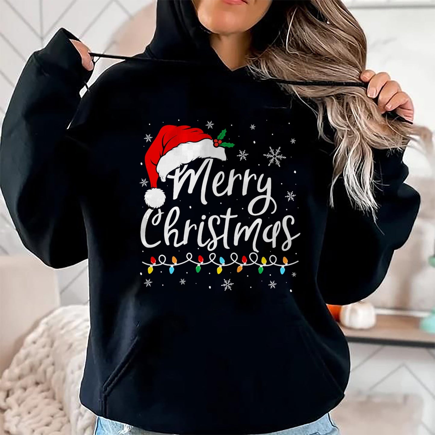 Merry Christmas Lights Santa Hat Xmas Family Matching Pajama T-Shirt - Christmas Unisex T-Shirt/Hoodie/Sweatshirt - HNDS00
