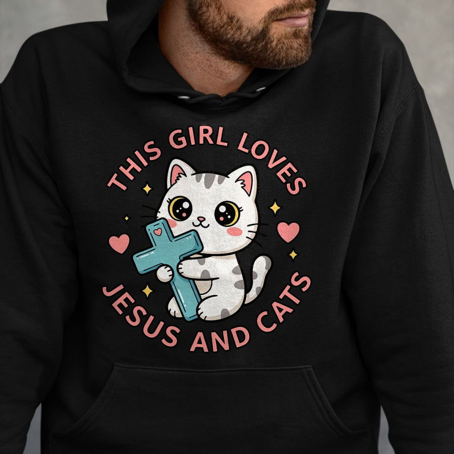 Cat Love Shirt, Funny Cat Lover Gift UnisexT-Shirt/Hoodie/Sweatshirt HLT00 - Christian This Girl Loves Jesus and Cats Cat Hugging Cross T-Shirt