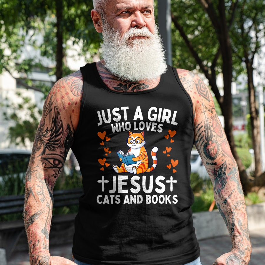 Cat Love Shirt, Funny Cat Lover Gift UnisexT-Shirt/Hoodie/Sweatshirt HLT00 - Just A Girl Who Loves Jesus Cats and Books Christian T-Shirt