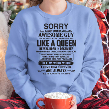 December - Sorry I am already taken by a freaking awesome guy - Gift for Wife From Husband - KATE12 (SKU08-25-12)
