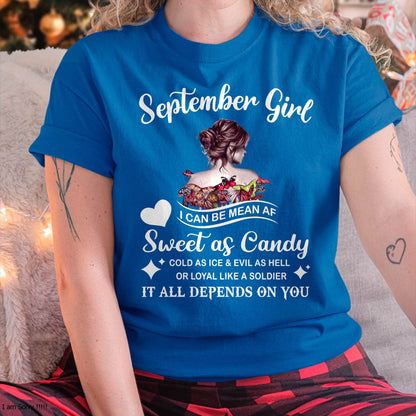 September Girl T-Shirt – Sweet As Candy, Cold As Ice - Birthday Gift for Women - KATE09 (SKU26T-01-38-09)