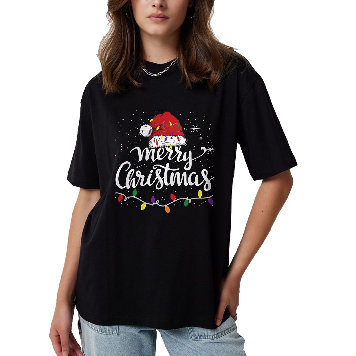 Merry Christmas Lights Red Santa Hat Xmas Family Men Women Pullover - Christmas Unisex T-Shirt/Hoodie/Sweatshirt - HNDS00