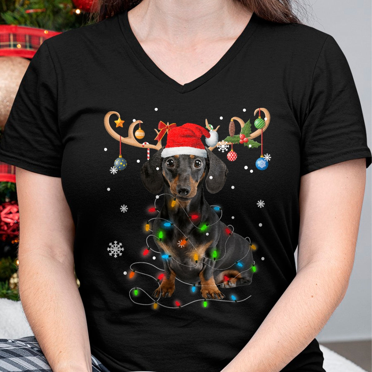 Funny Dachshund Christmas Reindeer Christmas Lights Pajama T-Shirt - Christmas Unisex T-Shirt/Hoodie/Sweatshirt - HNDS00