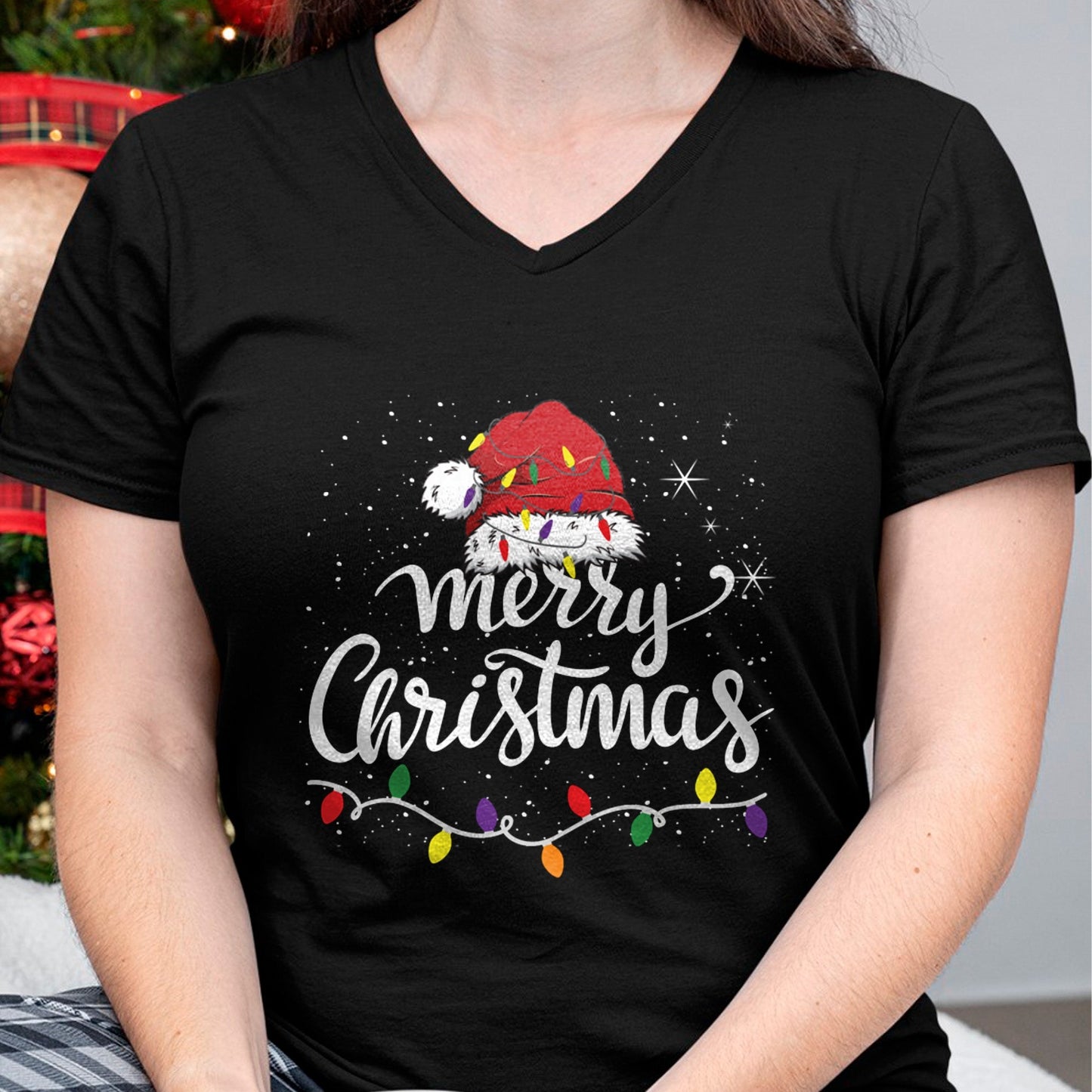 Merry Christmas Lights Red Santa Hat Xmas Family Men Women Pullover - Christmas Unisex T-Shirt/Hoodie/Sweatshirt - HNDS00