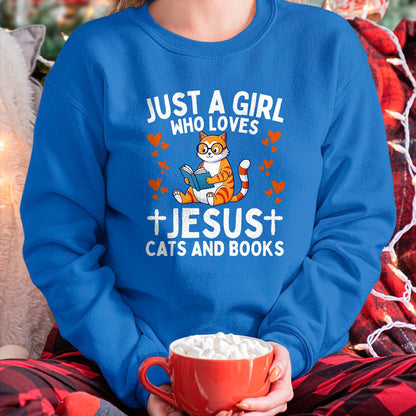 Cat Love Shirt, Funny Cat Lover Gift UnisexT-Shirt/Hoodie/Sweatshirt HLT00 - Just A Girl Who Loves Jesus Cats and Books Christian T-Shirt (1)