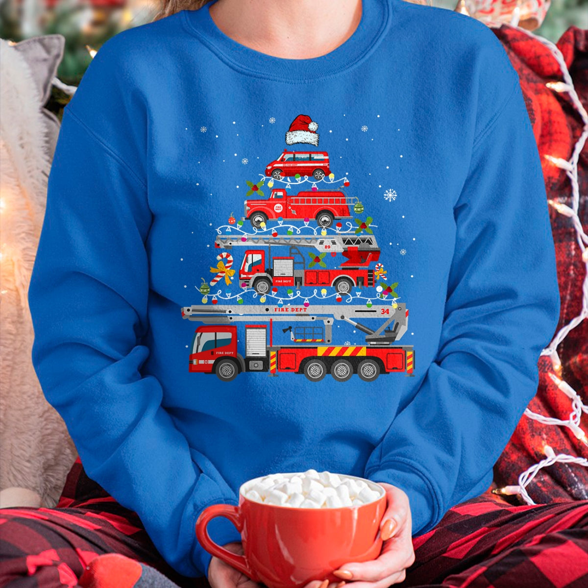 Firefighter Fire Truck Christmas Tree Lights Santa Fireman T-Shirt - Christmas Unisex T-Shirt/Hoodie/Sweatshirt - HNDS00