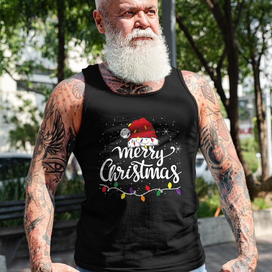 Merry Christmas Lights Red Santa Hat Xmas Family Men Women Pullover - Christmas Unisex T-Shirt/Hoodie/Sweatshirt - HNDS00